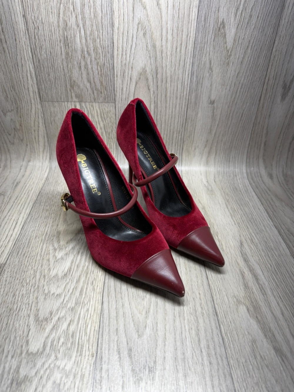 Red Velvet Mary Jane Stiletto Pump with Gold Buckle